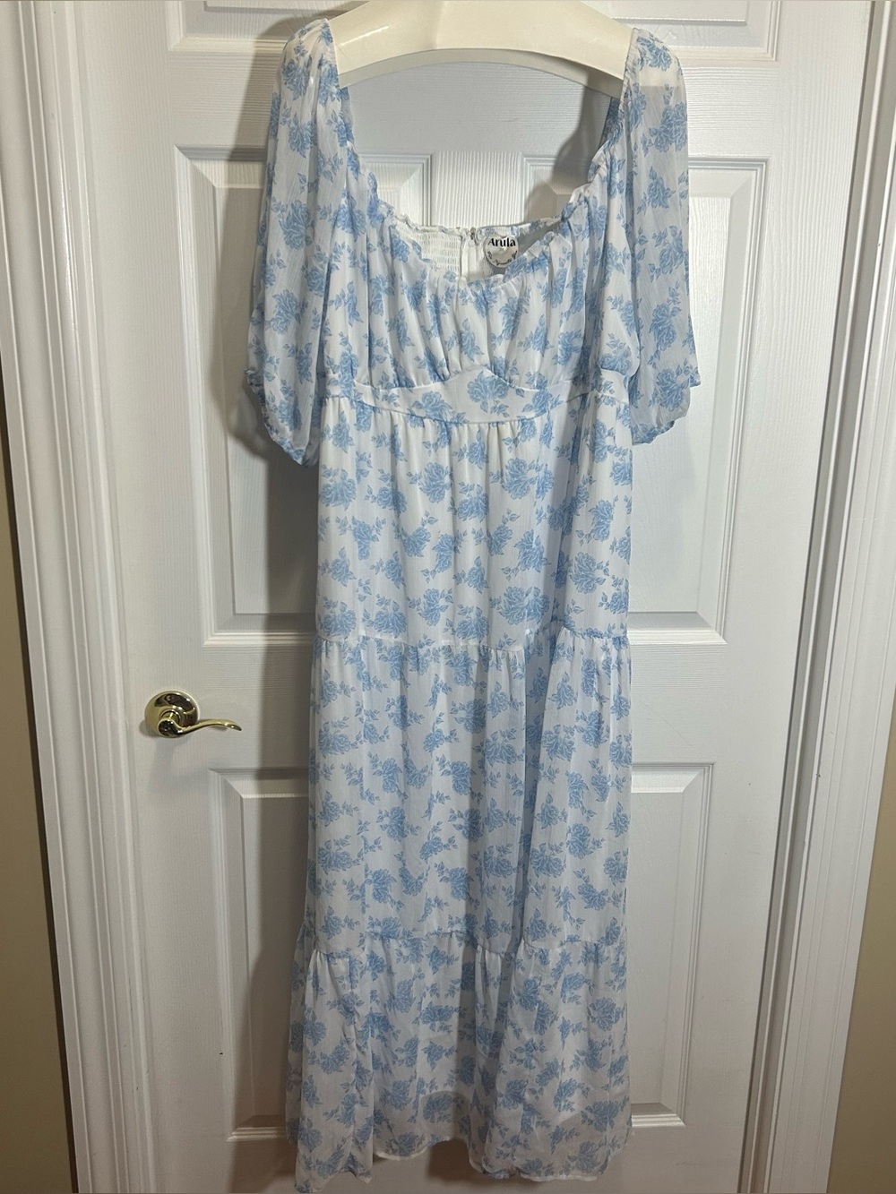 ARULA White Smocked Top Dress with Light Blue Accent